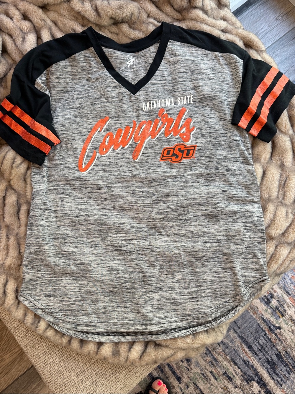 Oklahoma State Cowgirls Grey & Orange V-Neck Tee
